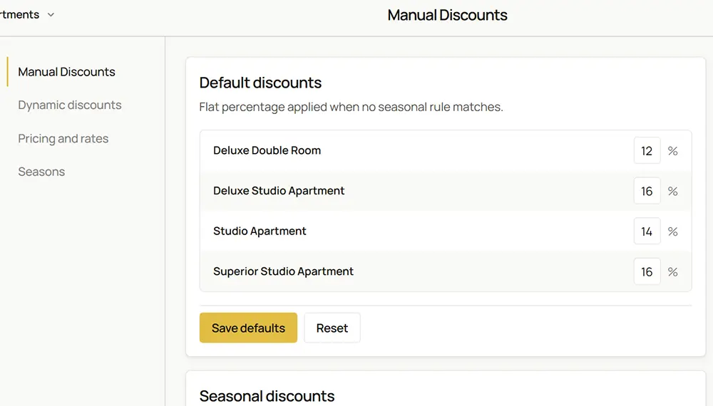 Screen for setting room discount percentages