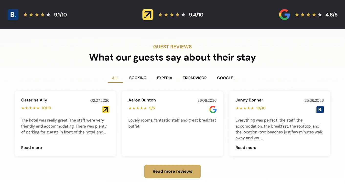 Preelook guest reviews from multiple booking platforms displayed on its website