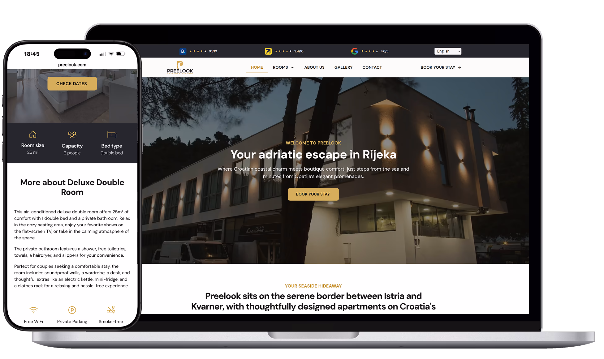 Preelook Apartments direct-booking website shown across desktop and mobile devices